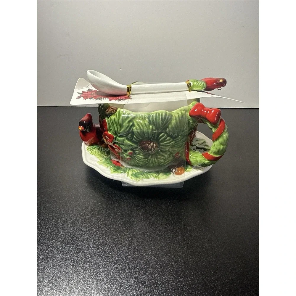 Corner Ruby Teacup Holiday Cardinal Collection 3Pc  Saucer &‎ Cardinal Spoon
